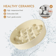 Havniva wooden stand with beige bowls provides stable dining setup.