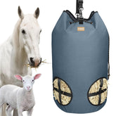 HAYSRMAN hay bag gray front view shows four-hole slow feeder for multiple animals.