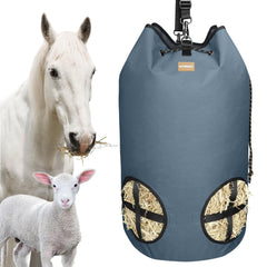 HAYSRMAN hay bag gray front view shows four-hole slow feeder for multiple animals.