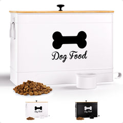 HB Design Co dog food container with airtight lid preserves kibble freshness for up to 50 cups.