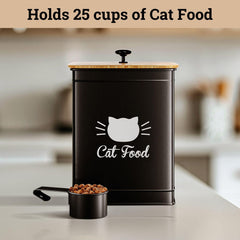 HB Design Co cat food container highlights easy-open lid and sturdy handle for scooping.