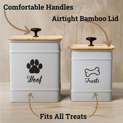 HB Design Co dog treat container 7x5 shown with bamboo lid for compact storage
