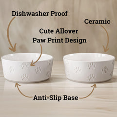 HB Design Co paw-imprinted ceramic bowls add decorative charm to feeding area