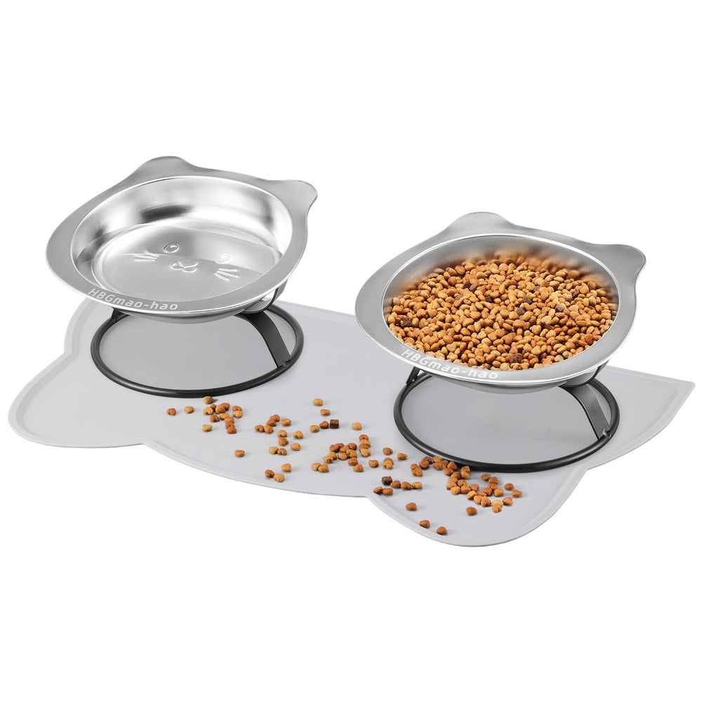 HBGmao-hao elevated bowls with food mat and stand, two-pack for tidy feeding and easy access.