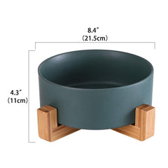 HCHLQLZ green ceramic dog bowl with wood stand side view shows anti-tip design