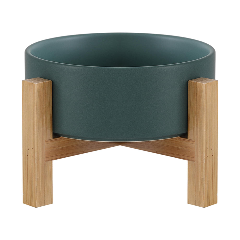 HCHLQLZ raised ceramic cat bowl with bamboo stand in green for elevated feeding.
