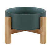 HCHLQLZ raised ceramic cat bowl with bamboo stand in green for elevated feeding.