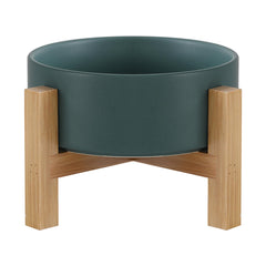 HCHLQLZ raised ceramic cat bowl with bamboo stand in green for elevated feeding.