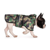 HDE dog raincoat camo front view highlights water resistance for rainy walks.
