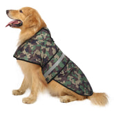 HDE dog raincoat camo hood up shows reflective safety for night strolls.