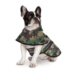 HDE dog raincoat camo side view shows secure fit with adjustable belly strap.