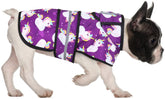 HDE dog raincoat front view in purple unicorn ducks for all-weather protection