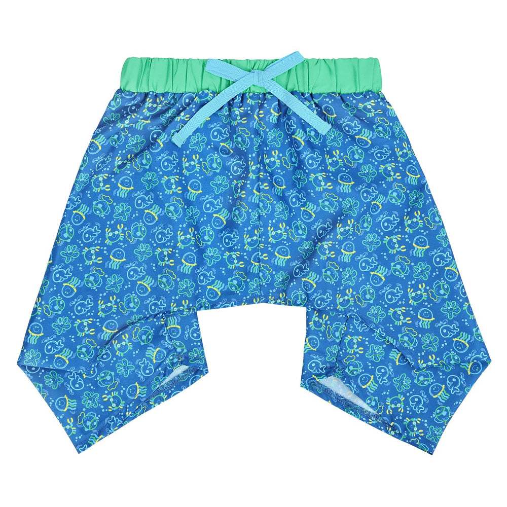 HDE dog swim trunks front view showing vibrant glowing sea creatures for bright beach days