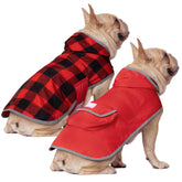 HDE reversible dog raincoat buffalo plaid red on wet streets provides rain-ready style