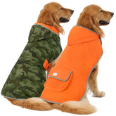 HDE reversible dog raincoat hooded slicker in camo orange shows two stylish looks for walks.