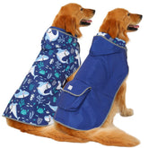HDE reversible dog raincoat solid color worn by a dog during a rainy walk, dry protection.
