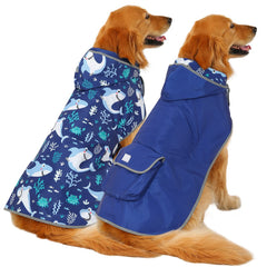 HDE reversible dog raincoat solid color worn by a dog during a rainy walk, dry protection.