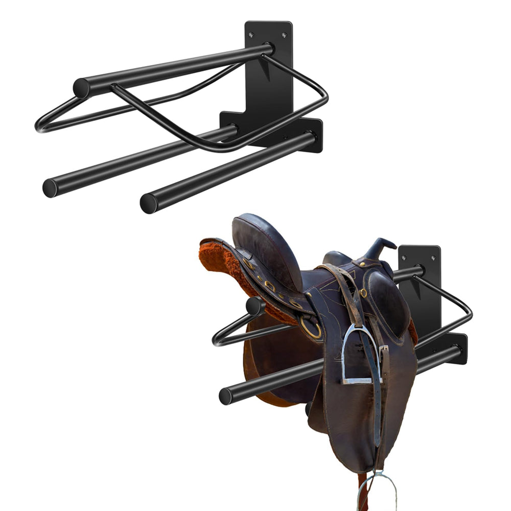 HDYEGY saddle rack wall-mounted double pad bar keeps saddles organized in a tack room.
