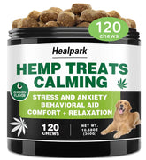 Healpark hemp calming chews front view; chicken flavor designed for easier chews and calm moments.