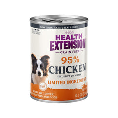 Health Extension 95% Chicken wet dog food served in a bowl for picky eaters