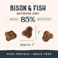 Health Extension Bison & Fish Jerky grain-free label signaling gentle digestion support.