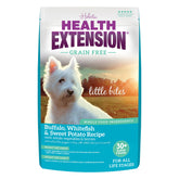 Health Extension buffalo-whitefish little bites kibble close-up for small dogs, lean muscle support.