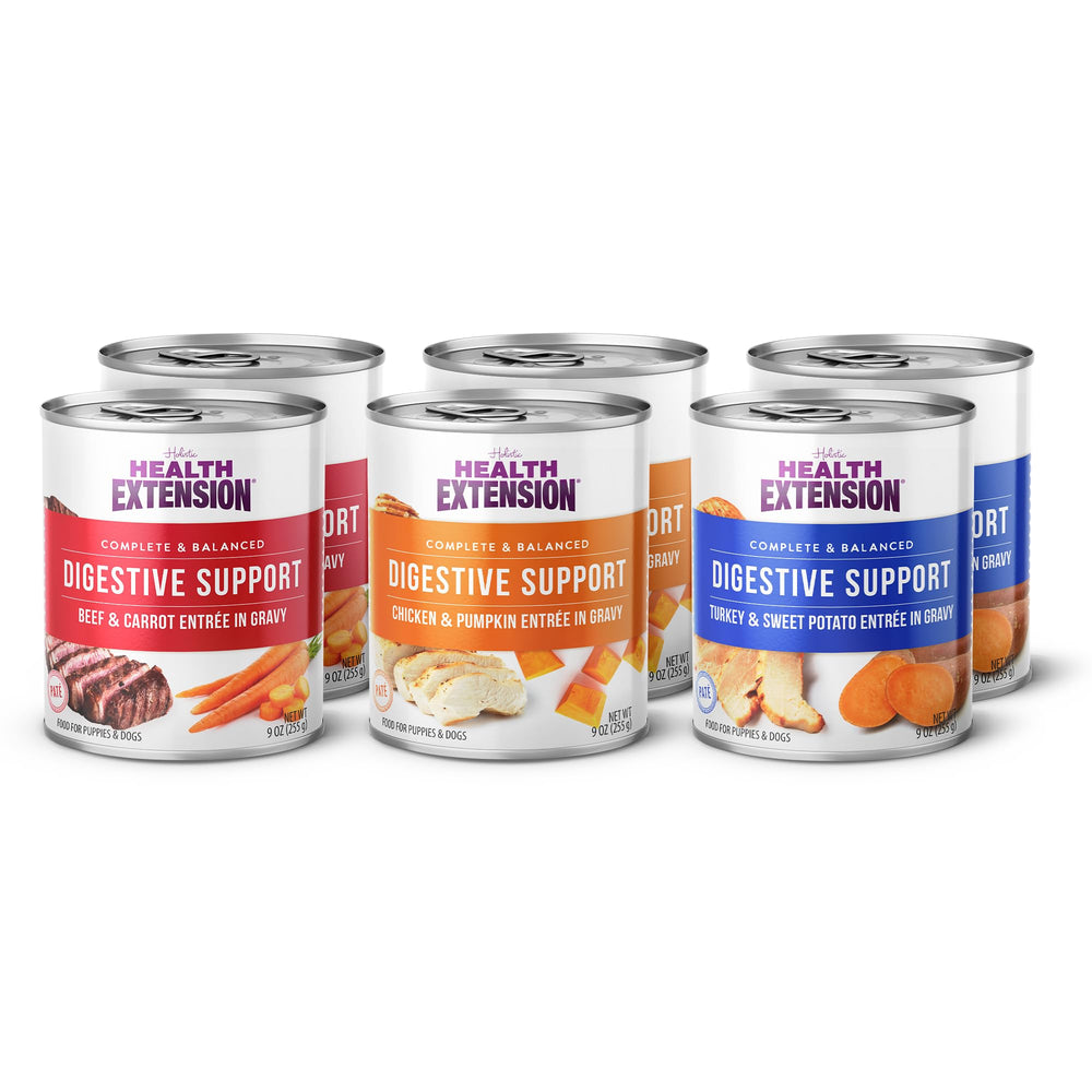 Health Extension Digestive Support variety pack cans on shelf for rotating meals.