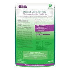 Health Extension dry cat food real ingredients chicken in top-view bowl.