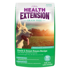 Health Extension duck sweet potato dry dog food bag showing grain free formula for steady energy and digestion support