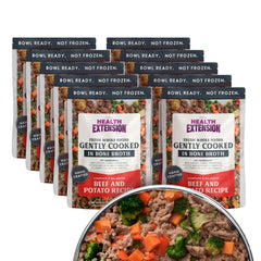 Health Extension Gently Cooked packaging shows shelf-stable meals for easy, mess-free feeding.