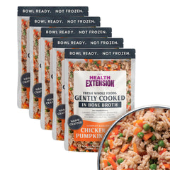 Health Extension Gently Cooked dog food package front—shelf-stable, ready-to-serve meals.