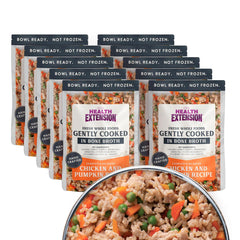 Health Extension Gently Cooked chicken-pumpkin pouch ready to serve, no prep needed.
