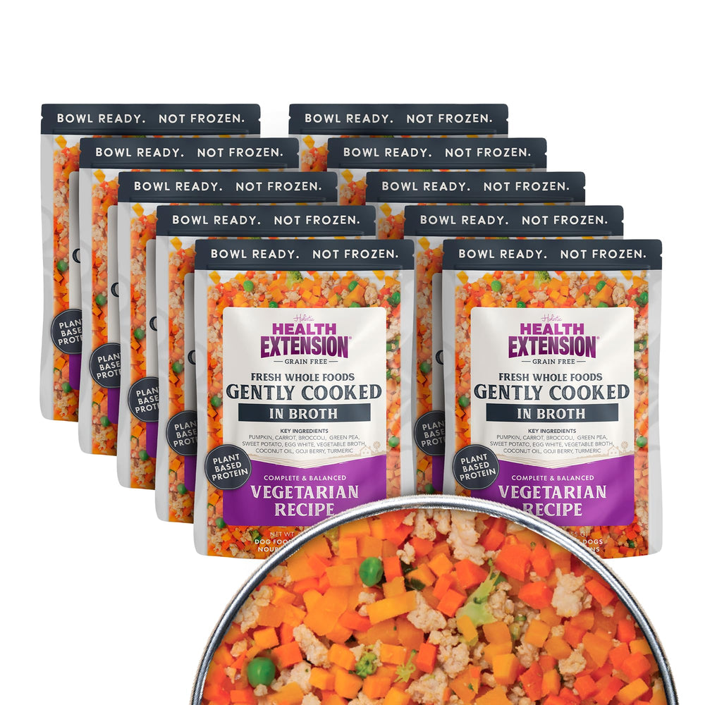 Health Extension Gently Cooked dog-food-packaging showcases shelf-stable, ready-to-serve meals.