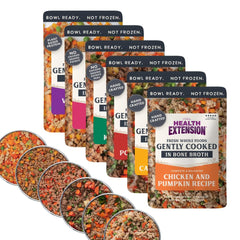 Health Extension Gently Cooked Grain-Free Variety Pack dog food pouch open for quick, ready-to-serve meals.