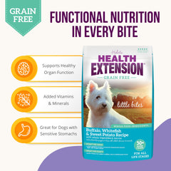 Health Extension grain-free buffalo-whitefish bites highlight lean protein for tiny dogs.