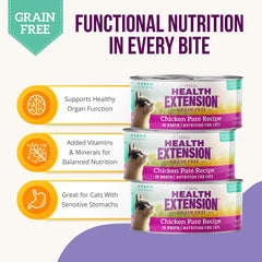 Health Extension grain-free-wet-cat-food-ingredients close-up of meats and coconut oil.