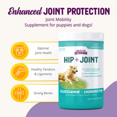 Health Extension hip-joint support shown on a dog's plate during mealtime