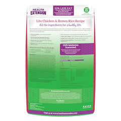 Health Extension Lite dry dog food in a serving bowl emphasizes portion control.