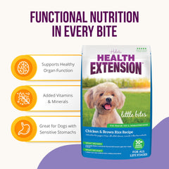 Health Extension Little Bites probiotics image signals gut-friendly digestion for small dogs.