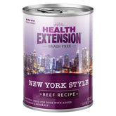Health Extension New York Style Beef Recipe can label highlights premium protein for dogs.