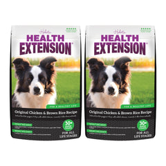 Health Extension Original Chicken & Brown Rice bag front for energy-packed dog meals.