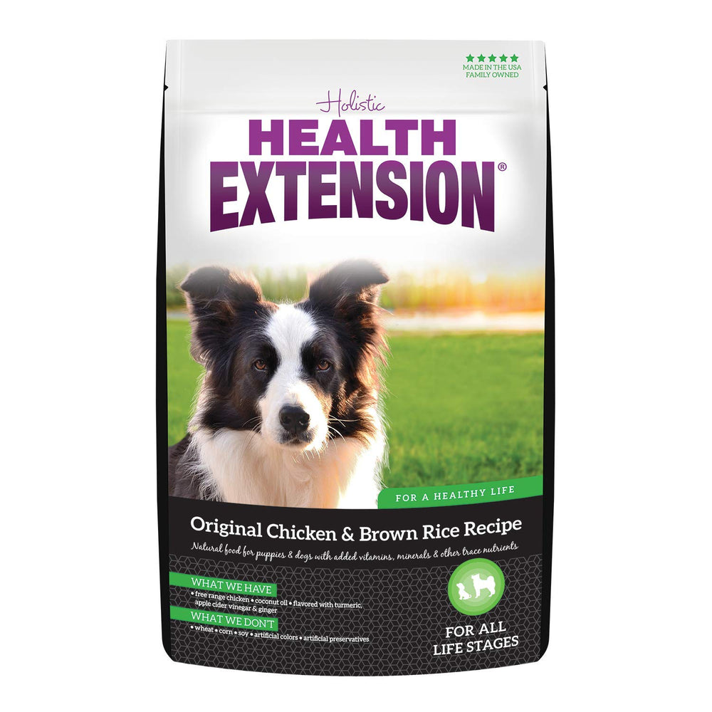 Health Extension Original Chicken & Brown Rice bag close-up showing protein-packed nutrition.