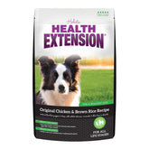 Health Extension Original Chicken & Brown Rice bag close-up showing protein-packed nutrition.