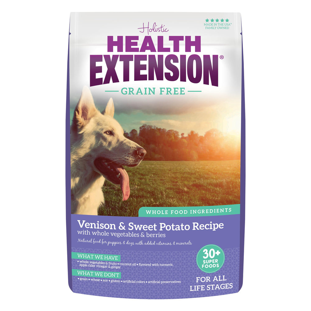 Health Extension Venison Grain-Free bag front with lean protein for muscle support