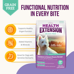 Health Extension Venison Sweet Potato kibble pile demonstrates easy to digest energy for small dogs.