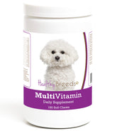 Healthy Breeds bichon-frise multivitamin soft chews bottle highlights daily support for skin, coat, and vitality.