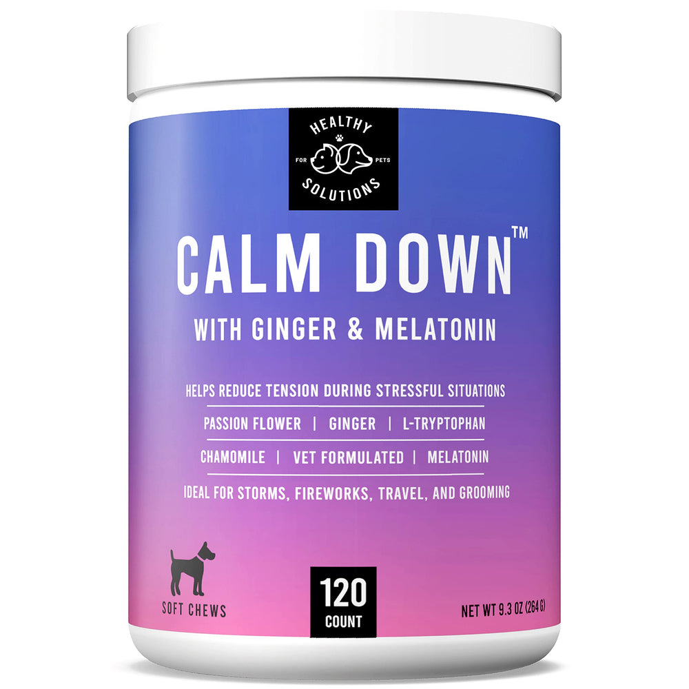 Healthy Solutions For Pets Calming Chews bottle — soft chews for anxiety relief.