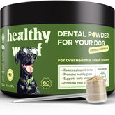 Healthy Woof dental powder bottle front—easy daily oral care for dogs.