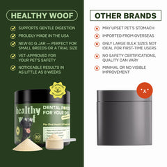 Healthy Woof bone broth serving highlights a tasty oral care option.