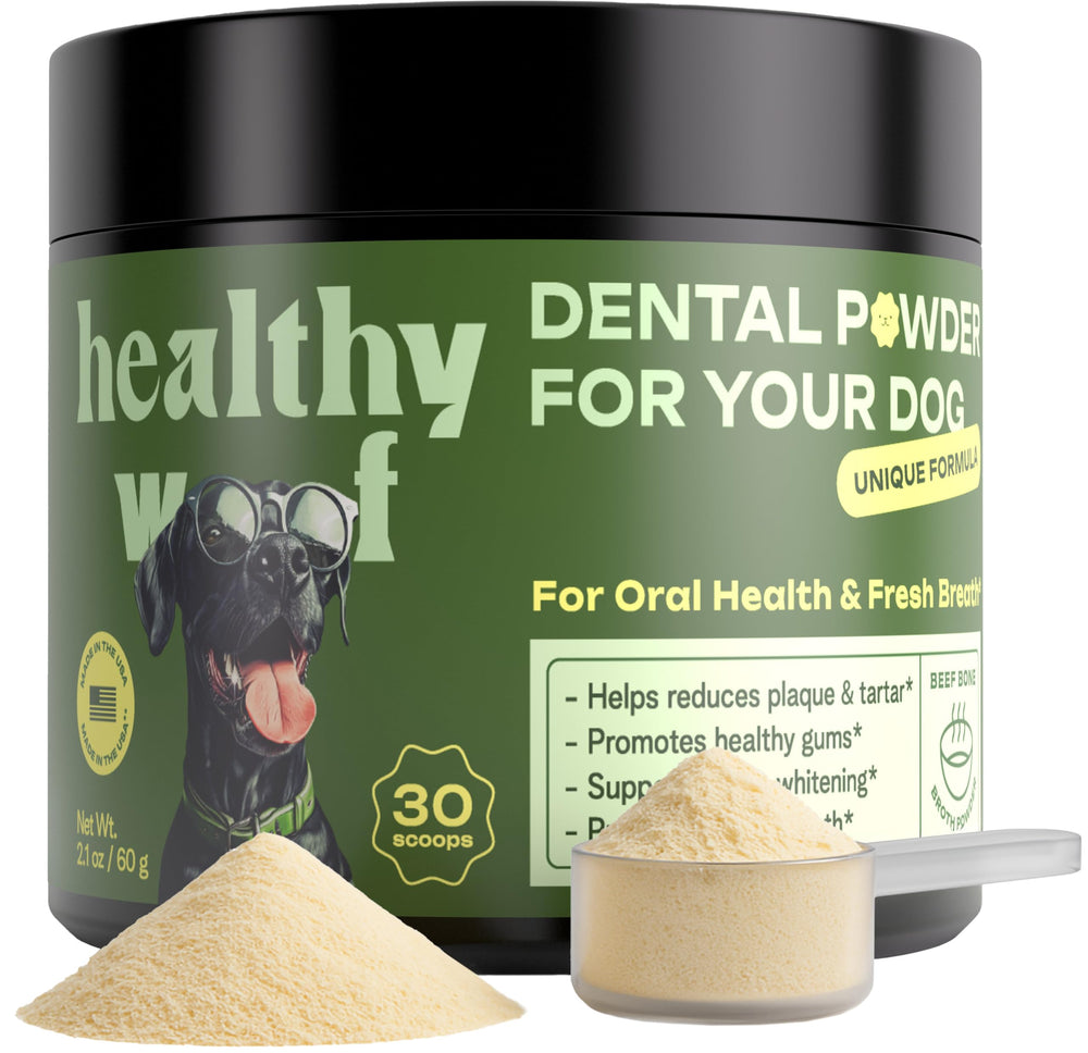 Healthy Woof dental powder bottle ready to dispense for at-home dental care.